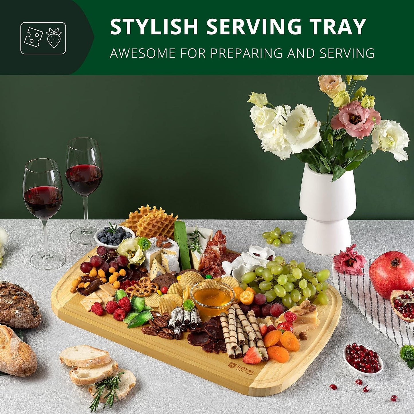 Bamboo Cutting Board with Juice Groove - Kitchen Chopping Board for Meat Cheese and Vegetables, Heavy Duty Serving Tray