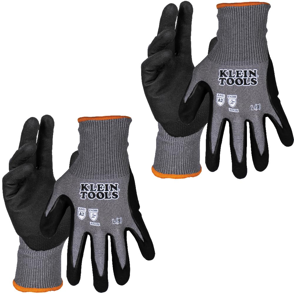 60585 Work Gloves, Knit Dipped Cut Resistant ANSI A2 Nitrile Coated Gloves, HPPE Fabric, Touchscreen Capable, Large, 2-Pair