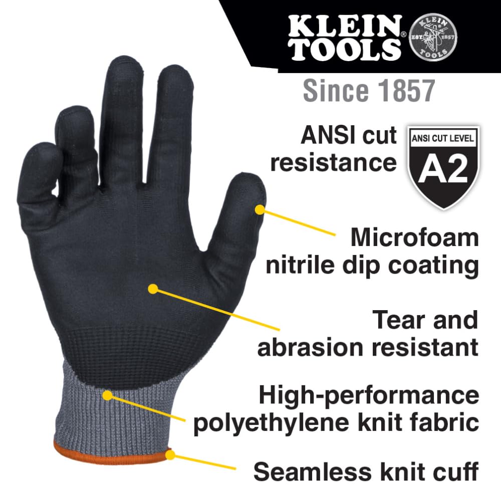 60585 Work Gloves, Knit Dipped Cut Resistant ANSI A2 Nitrile Coated Gloves, HPPE Fabric, Touchscreen Capable, Large, 2-Pair