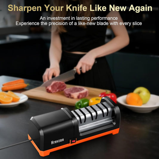 2026 New Electric Knife Sharpener for Kitchen Knives, with 100% Diamond Abrasives and Precision Angle Guides, 3-Stage Professional Automatic Quickly Sharpening/Polishing, Black/Orange