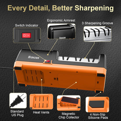 2026 New Electric Knife Sharpener for Kitchen Knives, with 100% Diamond Abrasives and Precision Angle Guides, 3-Stage Professional Automatic Quickly Sharpening/Polishing, Black/Orange