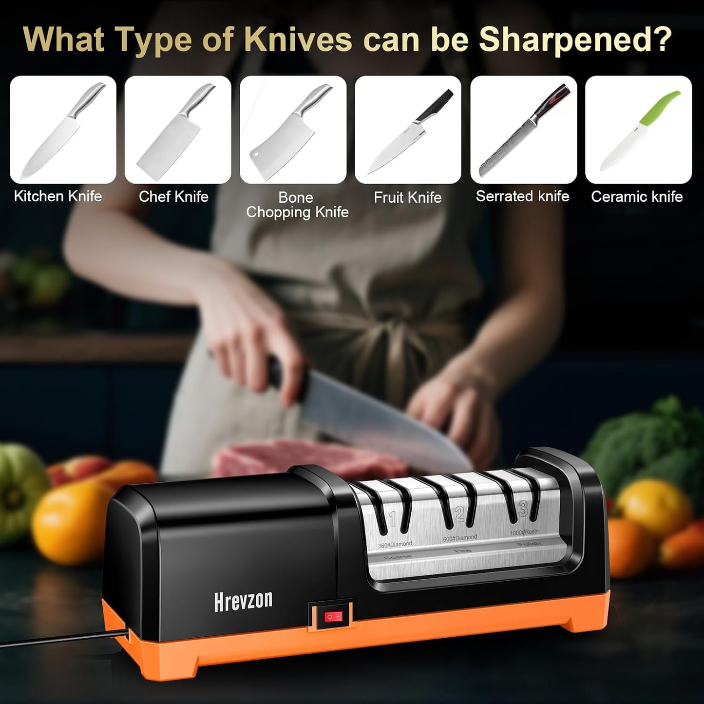 2026 New Electric Knife Sharpener for Kitchen Knives, with 100% Diamond Abrasives and Precision Angle Guides, 3-Stage Professional Automatic Quickly Sharpening/Polishing, Black/Orange