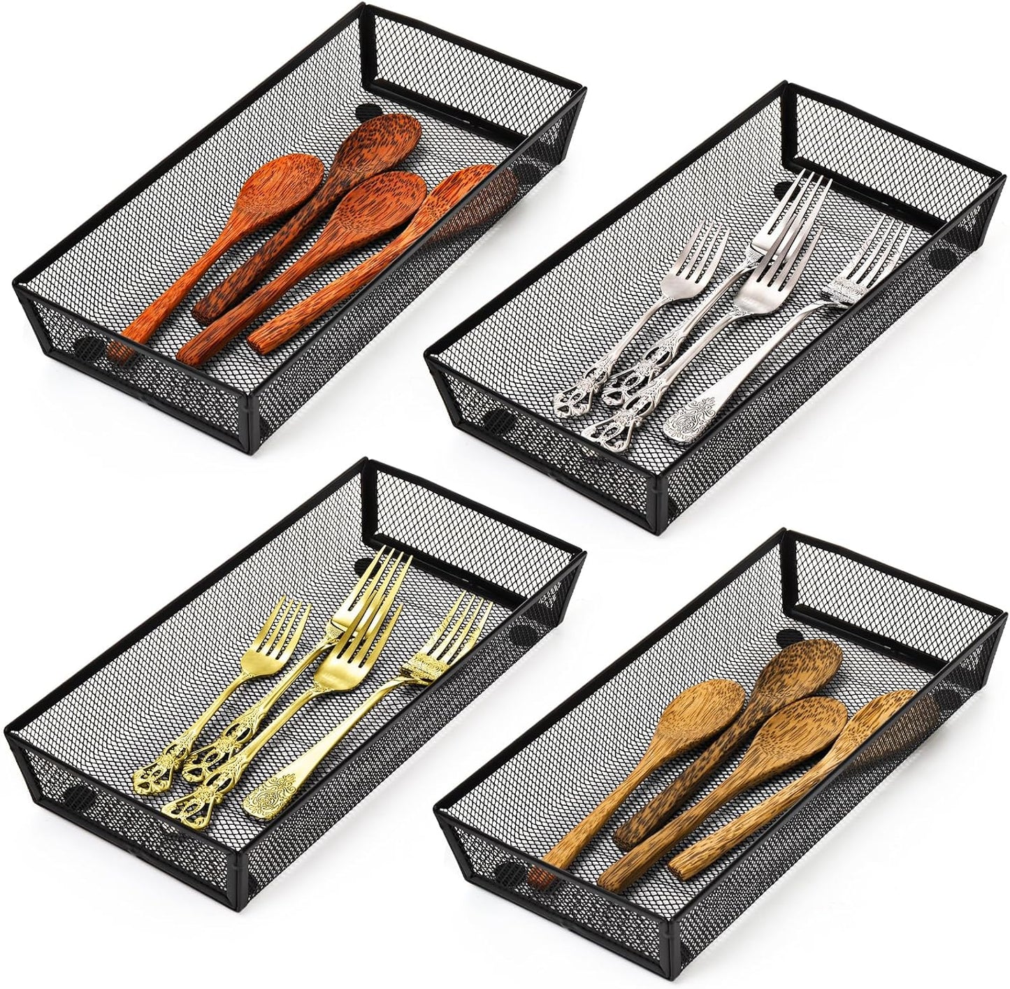 4 Pack 12 Inch Mesh Flatware Trays for Kitchen Drawers, Metal Utensil Desk Drawer Organizer Kitchen Cutlery Tray Holder, Long Narrow Silverware Organizer for Spoon, Knife, Fork