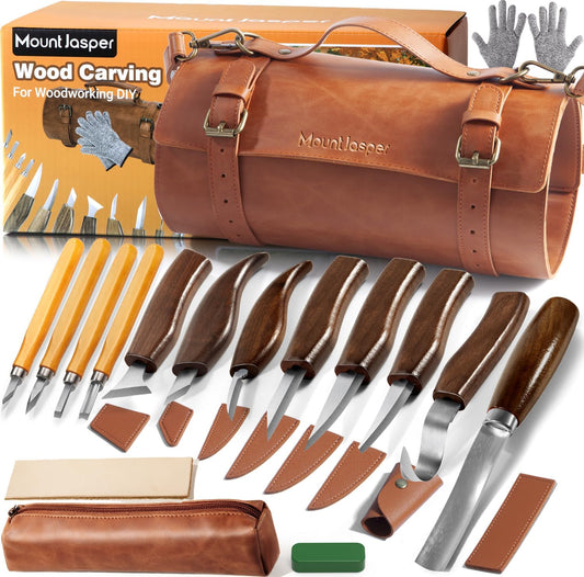Wood Carving Kit 16-Piece | 8 Whittling Knives & 4 Detail Carving Knives, Walnut Handle High Carbon Steel Blades, with PU Leather Bag & Safety Gloves