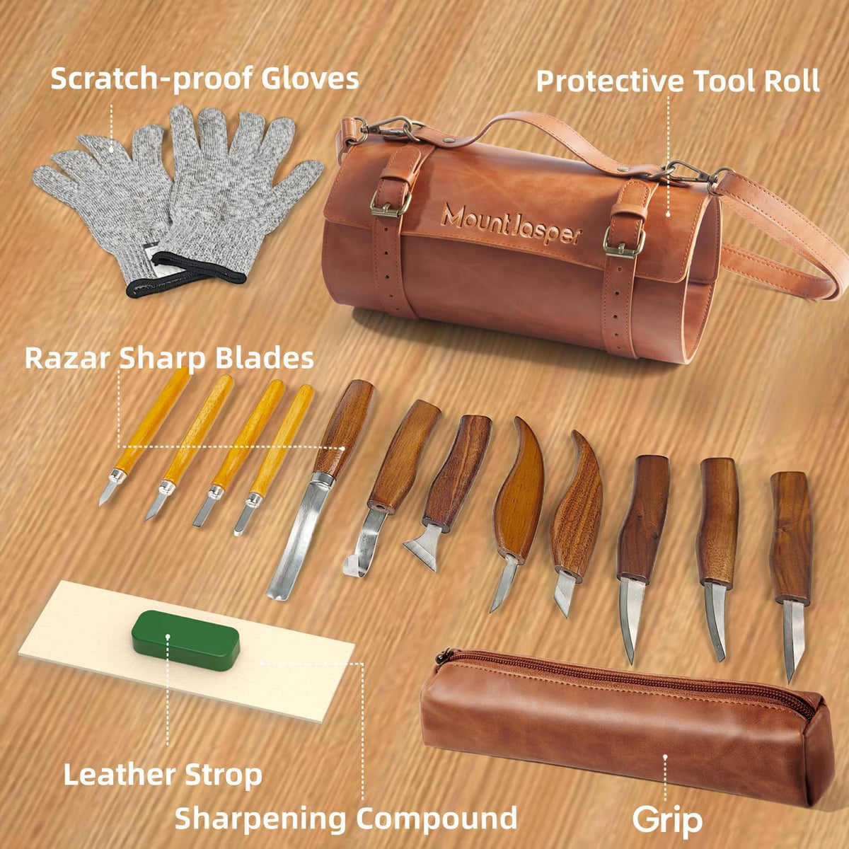 Wood Carving Kit 16-Piece | 8 Whittling Knives & 4 Detail Carving Knives, Walnut Handle High Carbon Steel Blades, with PU Leather Bag & Safety Gloves
