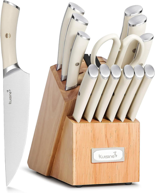 Upgraded Knife Set High Carbon Stainless Steel Super Sharp Blade Ergonomic Rivet Handle,Knife Block Set with Built-in Sharpener(Ivory Acacia Pro,15PCS)