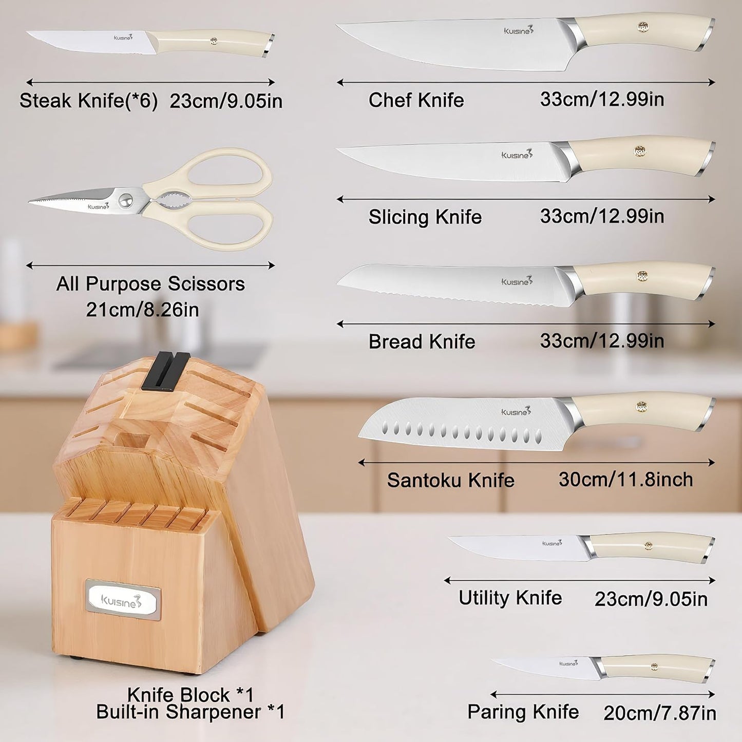 Upgraded Knife Set High Carbon Stainless Steel Super Sharp Blade Ergonomic Rivet Handle,Knife Block Set with Built-in Sharpener(Ivory Acacia Pro,15PCS)