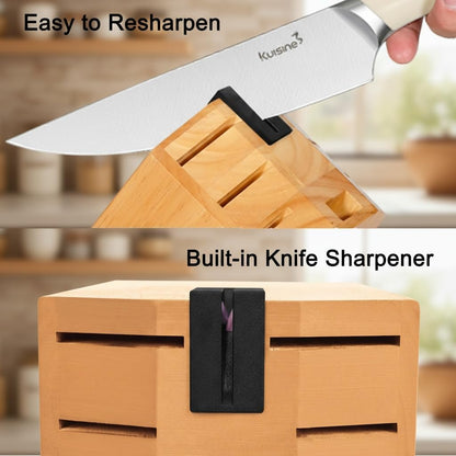 Upgraded Knife Set High Carbon Stainless Steel Super Sharp Blade Ergonomic Rivet Handle,Knife Block Set with Built-in Sharpener(Ivory Acacia Pro,15PCS)