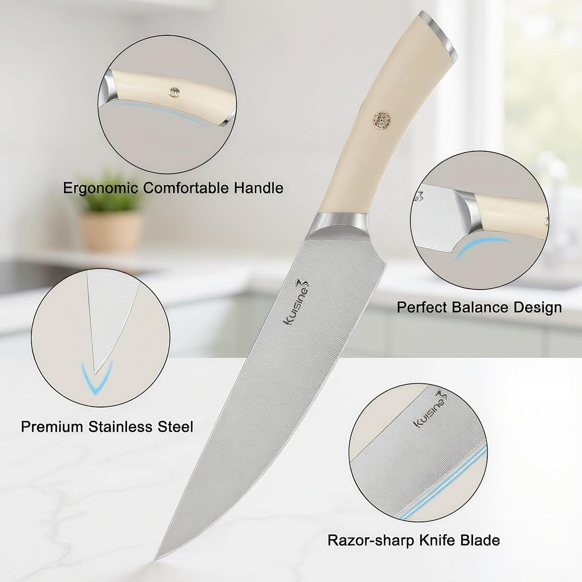 Upgraded Knife Set High Carbon Stainless Steel Super Sharp Blade Ergonomic Rivet Handle,Knife Block Set with Built-in Sharpener(Ivory Acacia Pro,15PCS)
