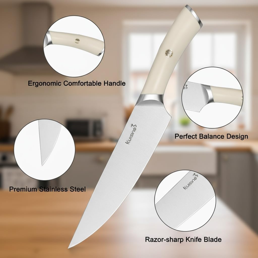 Upgraded Knife Set High Carbon Stainless Steel Super Sharp Blade Ergonomic Rivet Handle,Knife Block Set with Built-in Sharpener(Ivory Acacia Pro,15PCS)