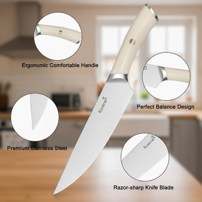 Upgraded Knife Set High Carbon Stainless Steel Super Sharp Blade Ergonomic Rivet Handle,Knife Block Set with Built-in Sharpener(Ivory Acacia Pro,15PCS)