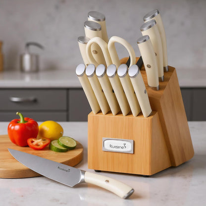 Upgraded Knife Set High Carbon Stainless Steel Super Sharp Blade Ergonomic Rivet Handle,Knife Block Set with Built-in Sharpener(Ivory Acacia Pro,15PCS)