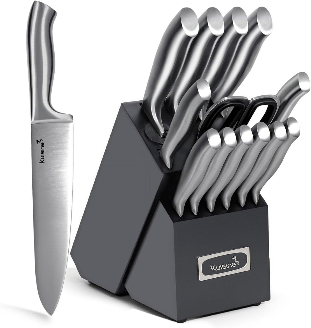 Upgraded Knife Set High Carbon Stainless Steel Super Sharp Blade Ergonomic Rivet Handle,Knife Block Set with Built-in Sharpener(Ivory Acacia Pro,15PCS)