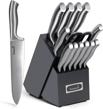 Upgraded Knife Set High Carbon Stainless Steel Super Sharp Blade Ergonomic Rivet Handle,Knife Block Set with Built-in Sharpener(Ivory Acacia Pro,15PCS)