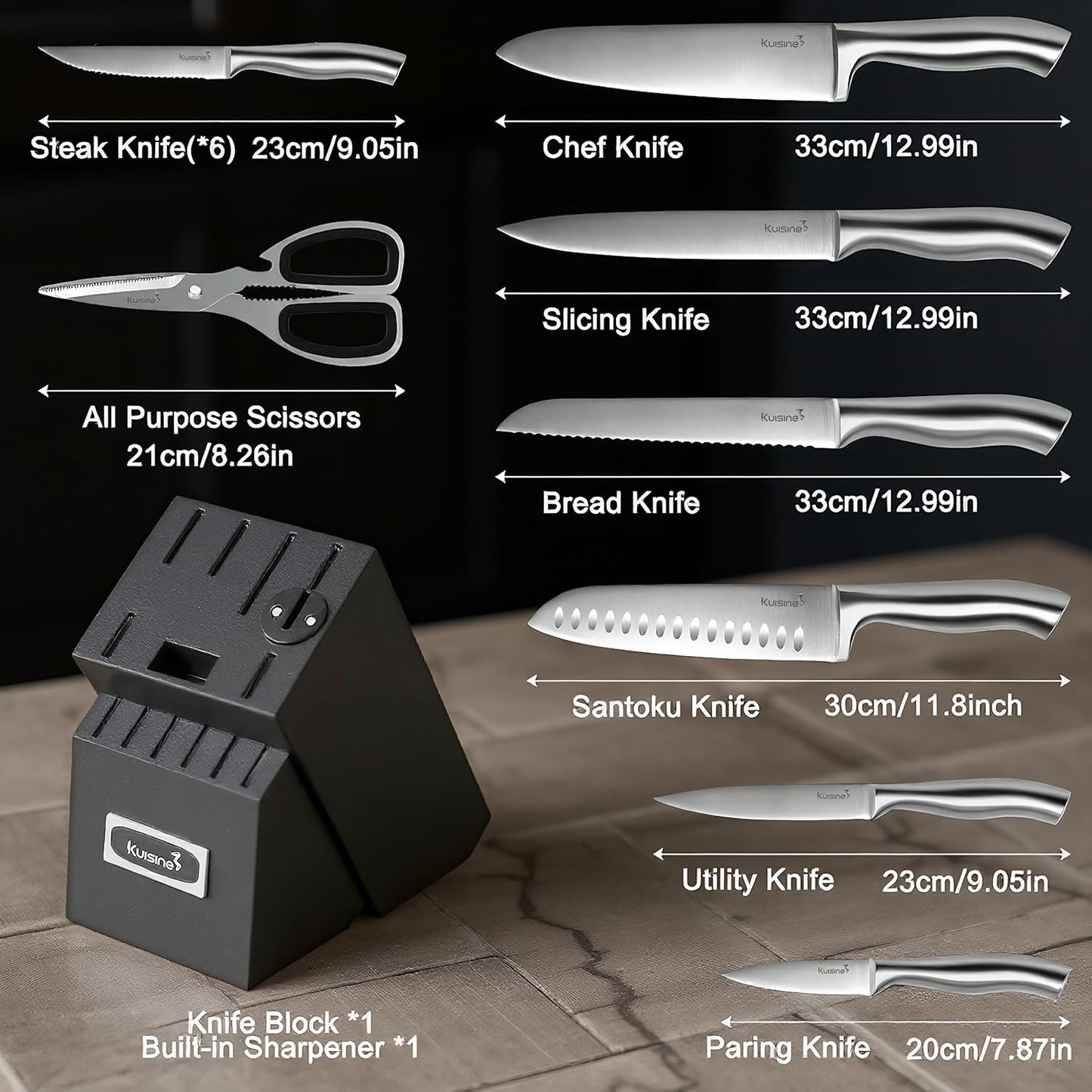 Upgraded Knife Set High Carbon Stainless Steel Super Sharp Blade Ergonomic Rivet Handle,Knife Block Set with Built-in Sharpener(Ivory Acacia Pro,15PCS)