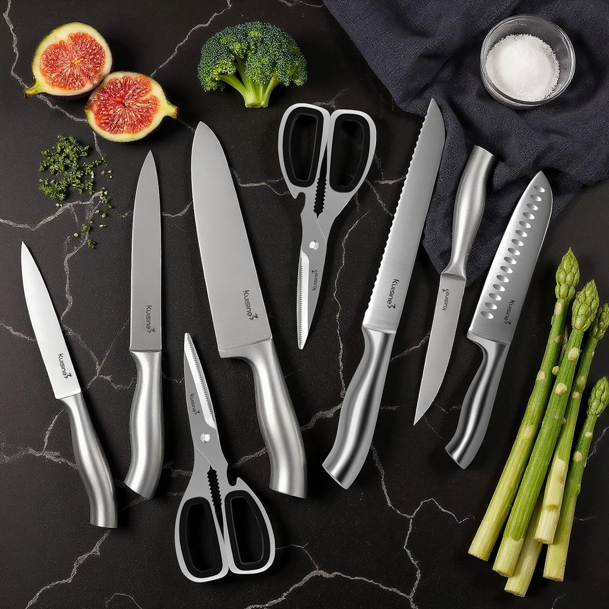 Upgraded Knife Set High Carbon Stainless Steel Super Sharp Blade Ergonomic Rivet Handle,Knife Block Set with Built-in Sharpener(Ivory Acacia Pro,15PCS)