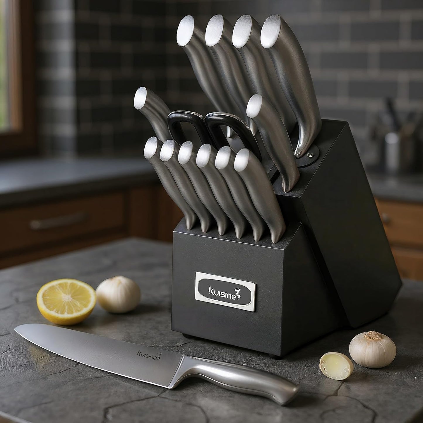 Upgraded Knife Set High Carbon Stainless Steel Super Sharp Blade Ergonomic Rivet Handle,Knife Block Set with Built-in Sharpener(Ivory Acacia Pro,15PCS)