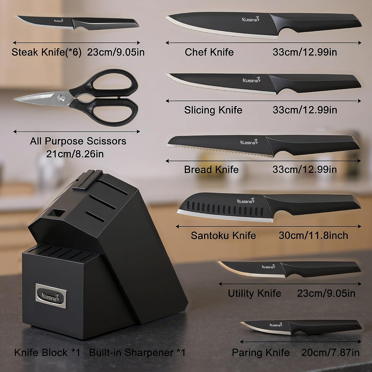 Upgraded Knife Set High Carbon Stainless Steel Super Sharp Blade Ergonomic Rivet Handle,Knife Block Set with Built-in Sharpener(Ivory Acacia Pro,15PCS)
