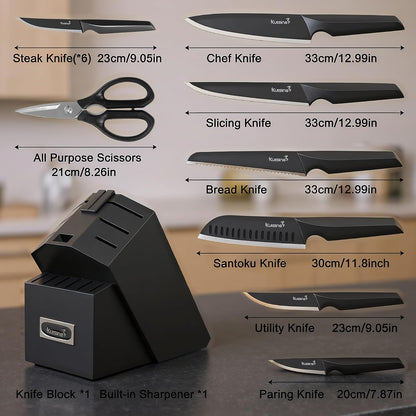 Upgraded Knife Set High Carbon Stainless Steel Super Sharp Blade Ergonomic Rivet Handle,Knife Block Set with Built-in Sharpener(Ivory Acacia Pro,15PCS)