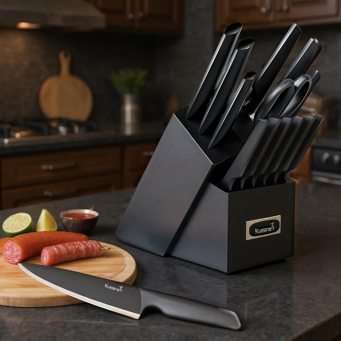 Upgraded Knife Set High Carbon Stainless Steel Super Sharp Blade Ergonomic Rivet Handle,Knife Block Set with Built-in Sharpener(Ivory Acacia Pro,15PCS)