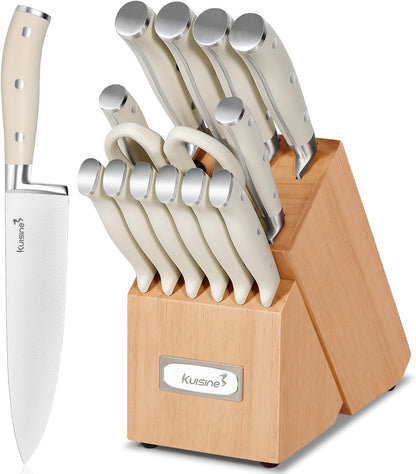 Upgraded Knife Set High Carbon Stainless Steel Super Sharp Blade Ergonomic Rivet Handle,Knife Block Set with Built-in Sharpener(Ivory Acacia Pro,15PCS)