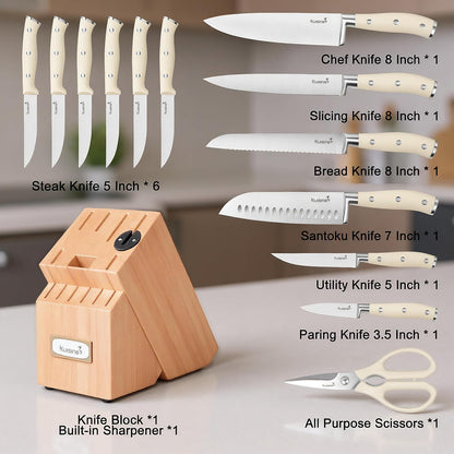 Upgraded Knife Set High Carbon Stainless Steel Super Sharp Blade Ergonomic Rivet Handle,Knife Block Set with Built-in Sharpener(Ivory Acacia Pro,15PCS)
