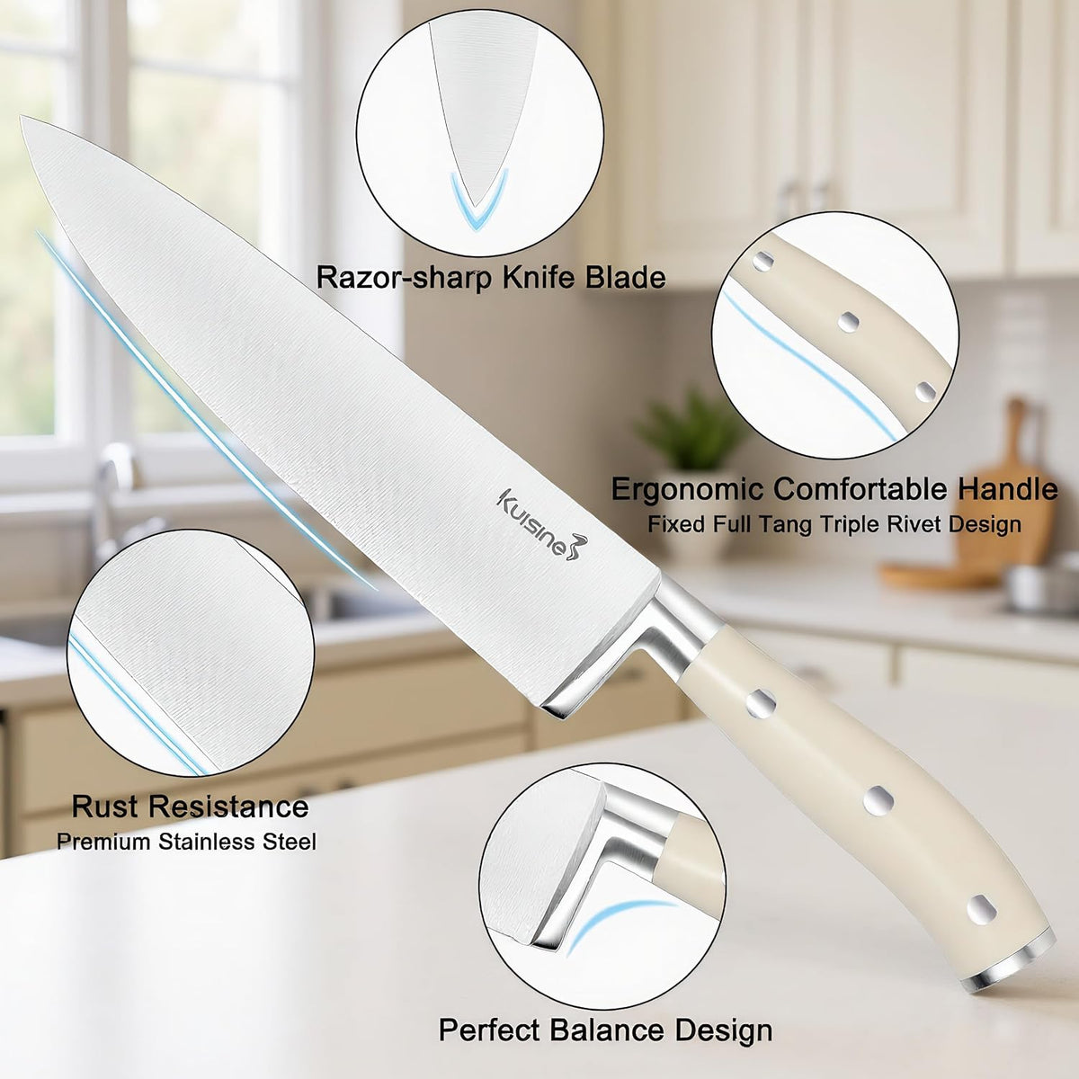 Upgraded Knife Set High Carbon Stainless Steel Super Sharp Blade Ergonomic Rivet Handle,Knife Block Set with Built-in Sharpener(Ivory Acacia Pro,15PCS)