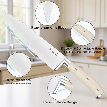 Upgraded Knife Set High Carbon Stainless Steel Super Sharp Blade Ergonomic Rivet Handle,Knife Block Set with Built-in Sharpener(Ivory Acacia Pro,15PCS)