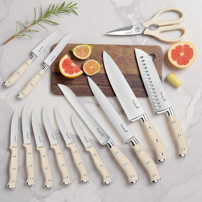 Upgraded Knife Set High Carbon Stainless Steel Super Sharp Blade Ergonomic Rivet Handle,Knife Block Set with Built-in Sharpener(Ivory Acacia Pro,15PCS)