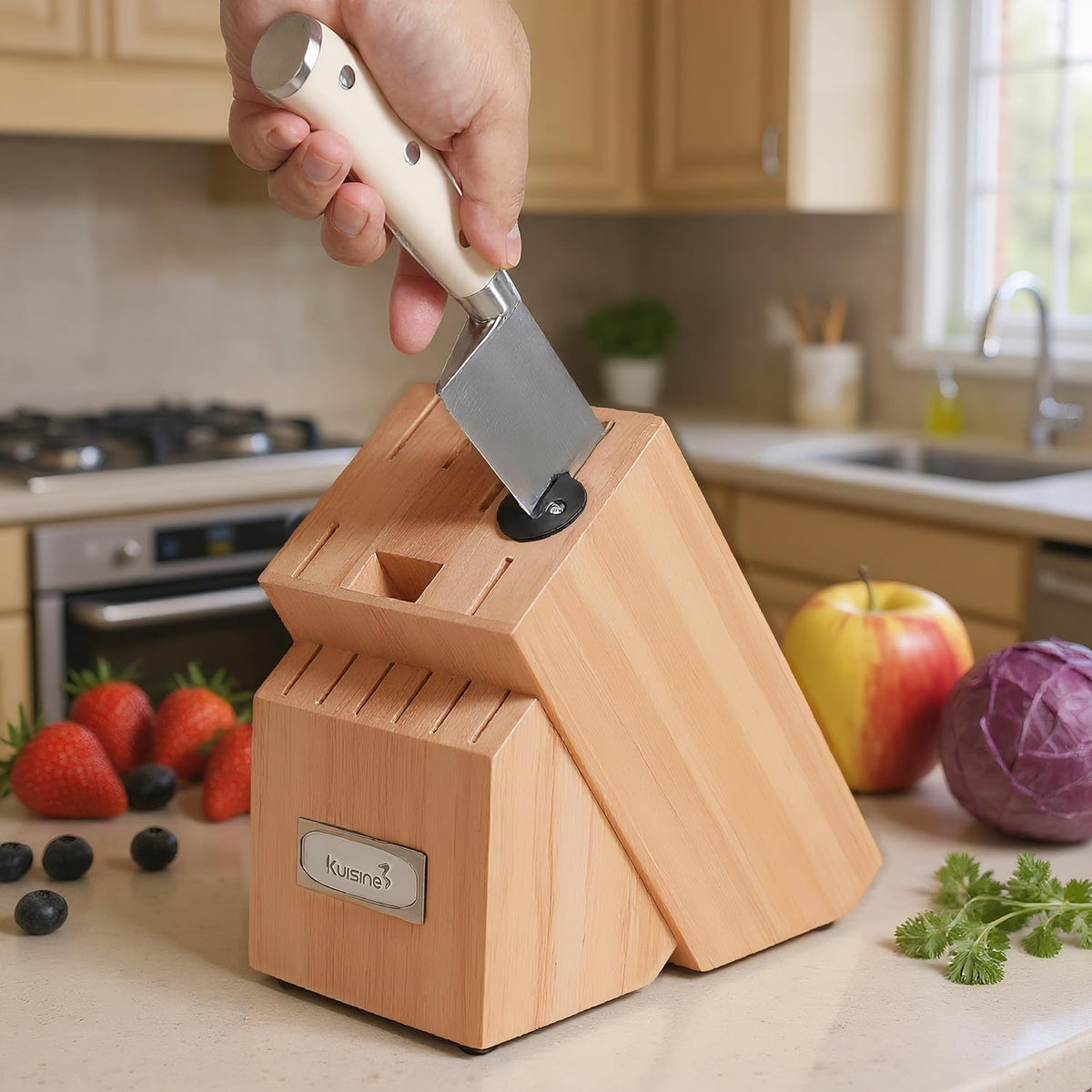 Upgraded Knife Set High Carbon Stainless Steel Super Sharp Blade Ergonomic Rivet Handle,Knife Block Set with Built-in Sharpener(Ivory Acacia Pro,15PCS)