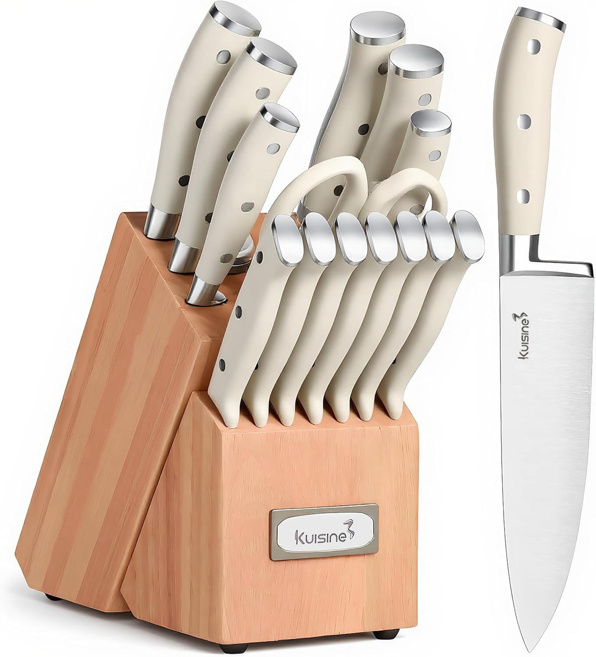 Upgraded Knife Set High Carbon Stainless Steel Super Sharp Blade Ergonomic Rivet Handle,Knife Block Set with Built-in Sharpener(Ivory Acacia Pro,15PCS)