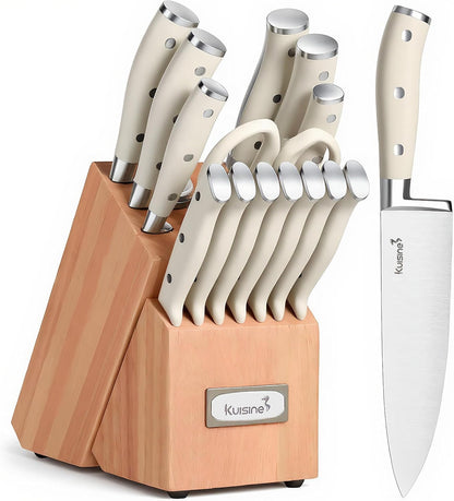 Upgraded Knife Set High Carbon Stainless Steel Super Sharp Blade Ergonomic Rivet Handle,Knife Block Set with Built-in Sharpener(Ivory Acacia Pro,15PCS)