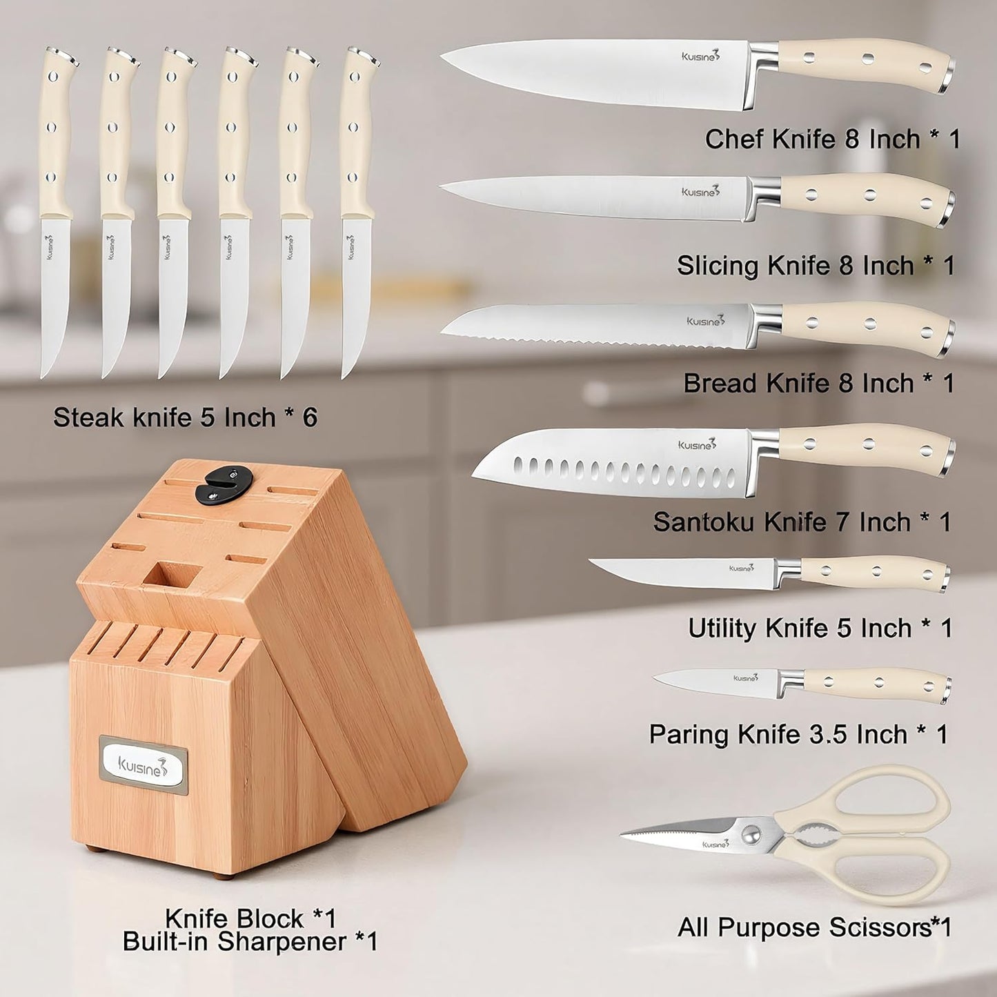 Upgraded Knife Set High Carbon Stainless Steel Super Sharp Blade Ergonomic Rivet Handle,Knife Block Set with Built-in Sharpener(Ivory Acacia Pro,15PCS)