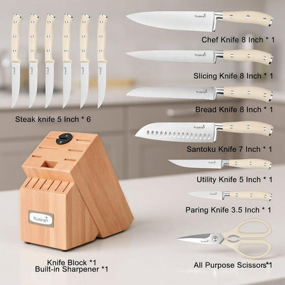 Upgraded Knife Set High Carbon Stainless Steel Super Sharp Blade Ergonomic Rivet Handle,Knife Block Set with Built-in Sharpener(Ivory Acacia Pro,15PCS)