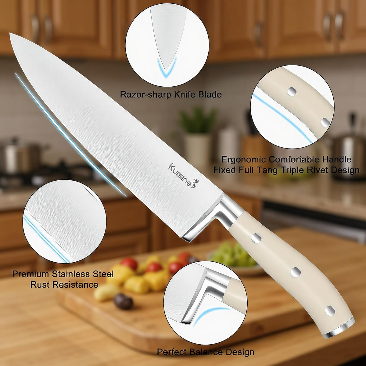 Upgraded Knife Set High Carbon Stainless Steel Super Sharp Blade Ergonomic Rivet Handle,Knife Block Set with Built-in Sharpener(Ivory Acacia Pro,15PCS)