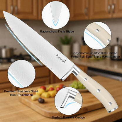 Upgraded Knife Set High Carbon Stainless Steel Super Sharp Blade Ergonomic Rivet Handle,Knife Block Set with Built-in Sharpener(Ivory Acacia Pro,15PCS)