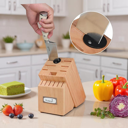 Upgraded Knife Set High Carbon Stainless Steel Super Sharp Blade Ergonomic Rivet Handle,Knife Block Set with Built-in Sharpener(Ivory Acacia Pro,15PCS)