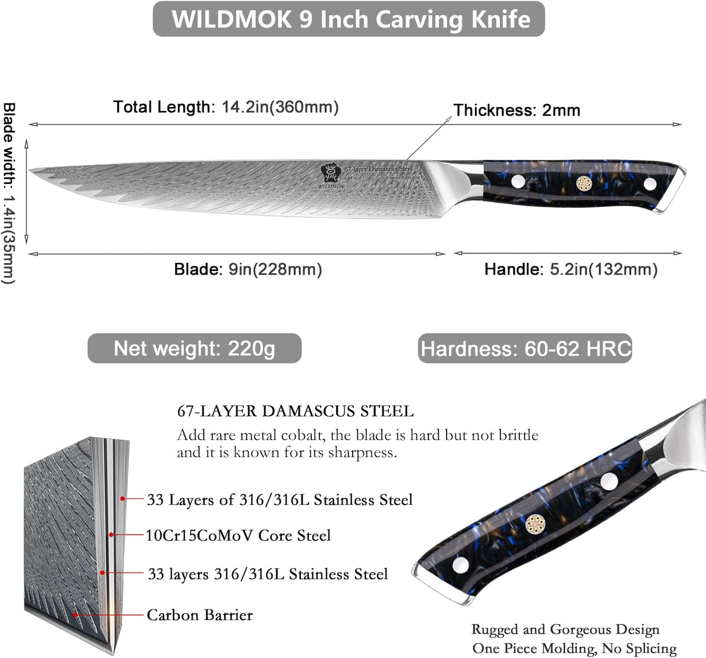 Carving Knives 9 inch, Sushi Knife Ultra Sharp Slicing Knife, for Meat Knives, Japanese Damascus Steel Sashimi Knives with Ergonomic Resin Handle