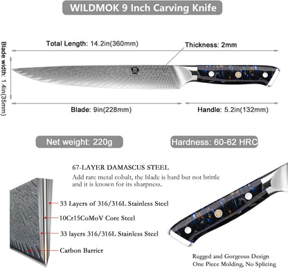 Carving Knives 9 inch, Sushi Knife Ultra Sharp Slicing Knife, for Meat Knives, Japanese Damascus Steel Sashimi Knives with Ergonomic Resin Handle