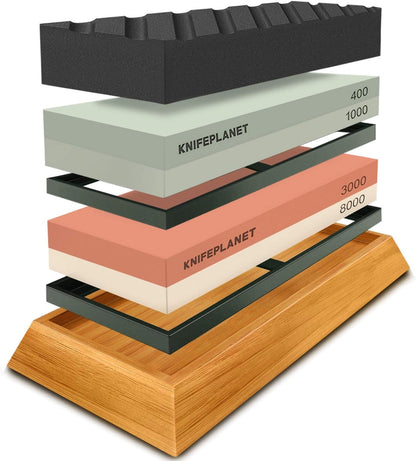 Premium Knife Sharpening Stone Set – 400/1000 and 3000/8000-Grit Professional, Safe Knife Sharpener Set – Whetstone Set Includes Flattening Stone, Bamboo Base, and 2 Nonslip Rubber Bases Tan