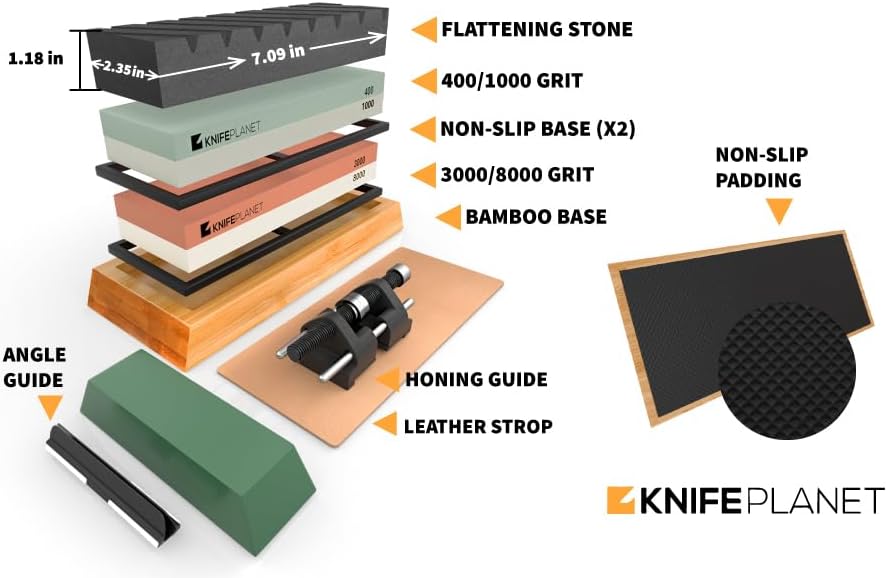 Premium Knife Sharpening Stone Set – 400/1000 and 3000/8000-Grit Professional, Safe Knife Sharpener Set – Whetstone Set Includes Flattening Stone, Bamboo Base, and 2 Nonslip Rubber Bases Tan