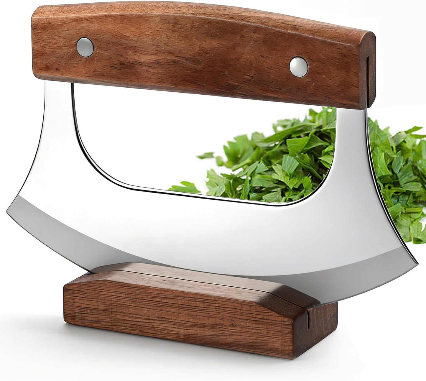 Ulu Knife, Sharp Rocker Mezzaluna Knife with Wooden Stand, Alaskan Ulu for Pizza Cutter, Vegetable, Salad, Mezzaluna Chopper