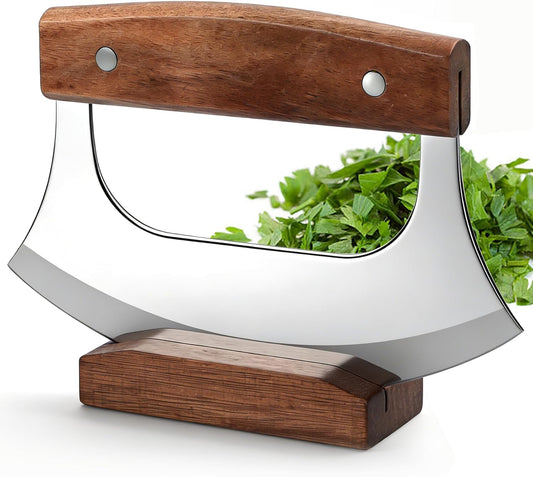 Ulu Knife, Sharp Rocker Mezzaluna Knife with Wooden Stand, Alaskan Ulu for Pizza Cutter, Vegetable, Salad, Mezzaluna Chopper