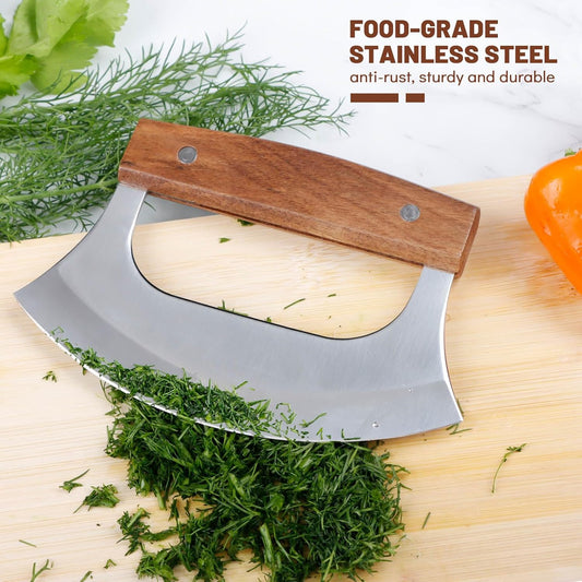 Ulu Knife, Sharp Rocker Mezzaluna Knife with Wooden Stand, Alaskan Ulu for Pizza Cutter, Vegetable, Salad, Mezzaluna Chopper