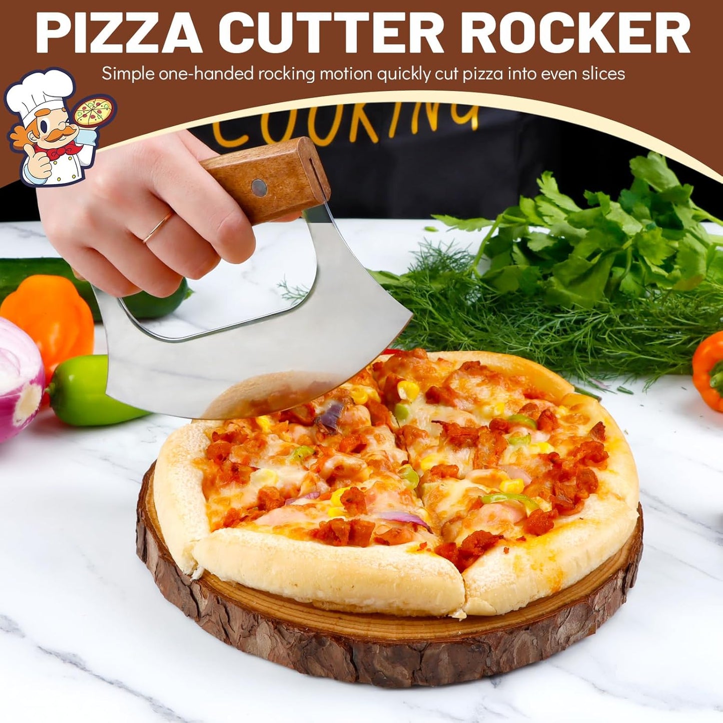 Ulu Knife, Sharp Rocker Mezzaluna Knife with Wooden Stand, Alaskan Ulu for Pizza Cutter, Vegetable, Salad, Mezzaluna Chopper