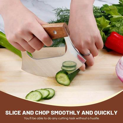Ulu Knife, Sharp Rocker Mezzaluna Knife with Wooden Stand, Alaskan Ulu for Pizza Cutter, Vegetable, Salad, Mezzaluna Chopper