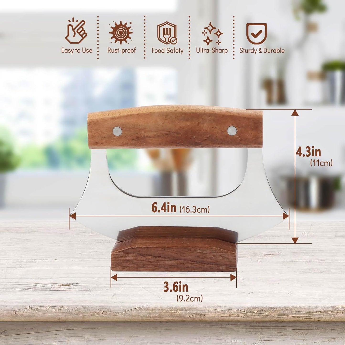 Ulu Knife, Sharp Rocker Mezzaluna Knife with Wooden Stand, Alaskan Ulu for Pizza Cutter, Vegetable, Salad, Mezzaluna Chopper