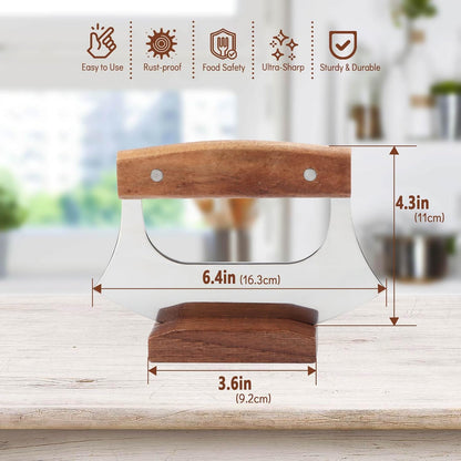 Ulu Knife, Sharp Rocker Mezzaluna Knife with Wooden Stand, Alaskan Ulu for Pizza Cutter, Vegetable, Salad, Mezzaluna Chopper