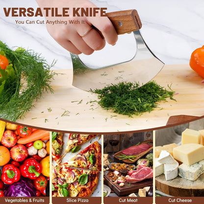 Ulu Knife, Sharp Rocker Mezzaluna Knife with Wooden Stand, Alaskan Ulu for Pizza Cutter, Vegetable, Salad, Mezzaluna Chopper