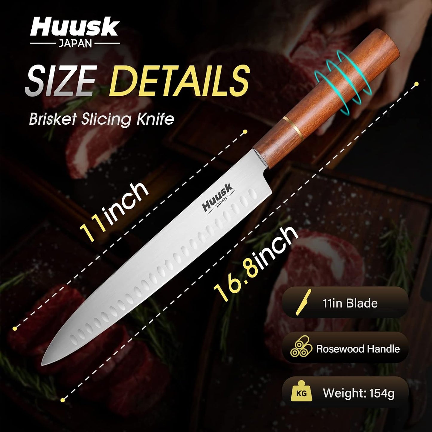 Huusk 12" Brisket Carving Knife, Ultra Sharp Slicing Knife with Granton Edge, High Carbon Steel Meat Slicer for BBQ Brisket, Turkey, Rib Roast & Trimming, Butcher Knives for Kitchen & Grill, Men Gifts